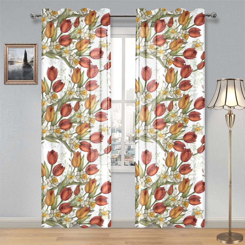 Red tulips and daffodils pattern Gauze Curtain