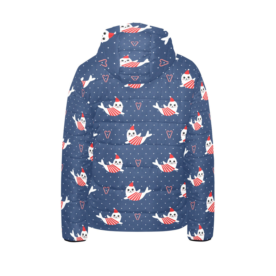 Cute sea lion seal christmas hat candy cane heart Kids' Boys' Girls' Padded Hooded Jacket