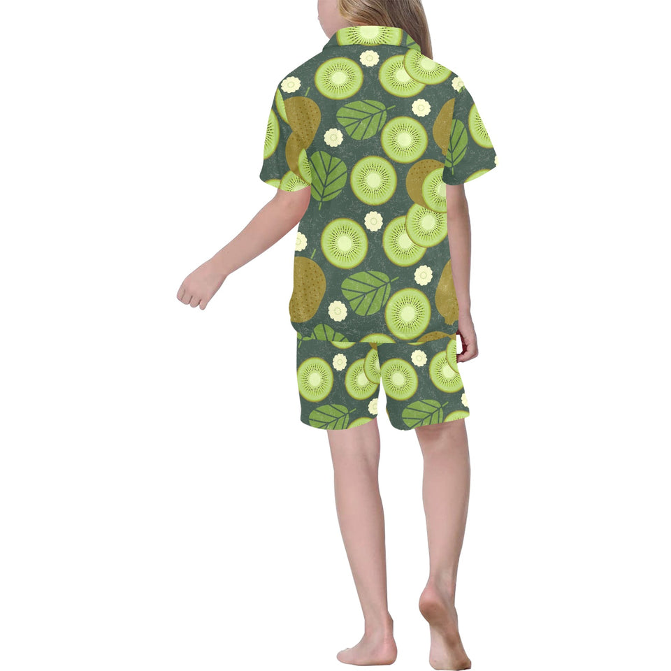 Whole sliced kiwi leave and flower Kids' Boys' Girls' V-Neck Short Pajama Set