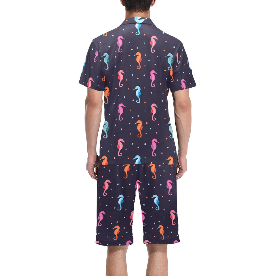 Watercolor colorful seahorse pattern Men's V-Neck Short Pajama Set