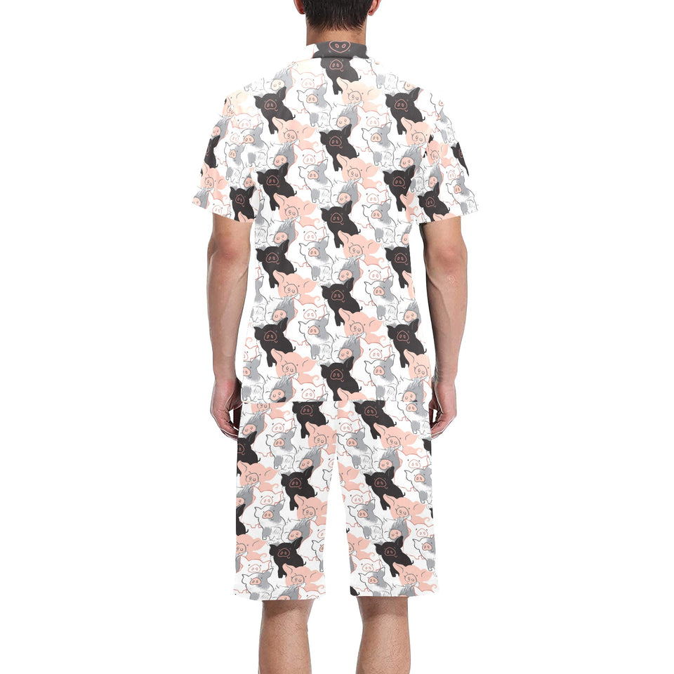 Pig Pattern Print Design 05 Men's V-Neck Short Pajama Set