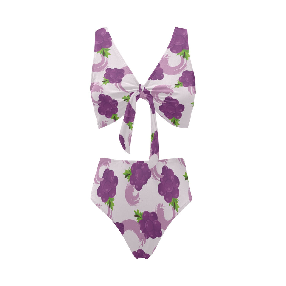 Cute Grape pattern Chest Bowknot High Waisted Bikini Swimsuit