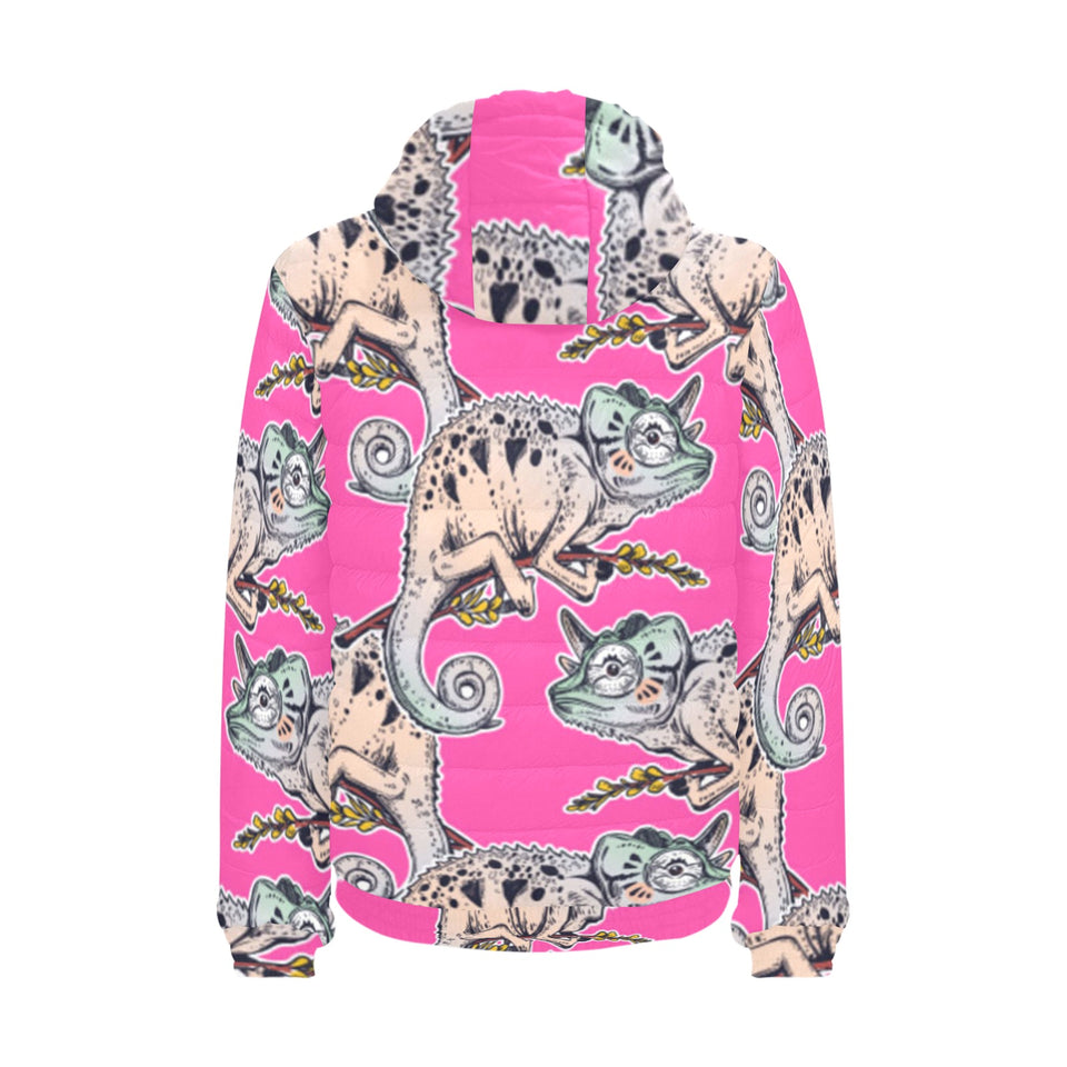 Chameleon lizard pattern pink background Men's Padded Hooded Jacket