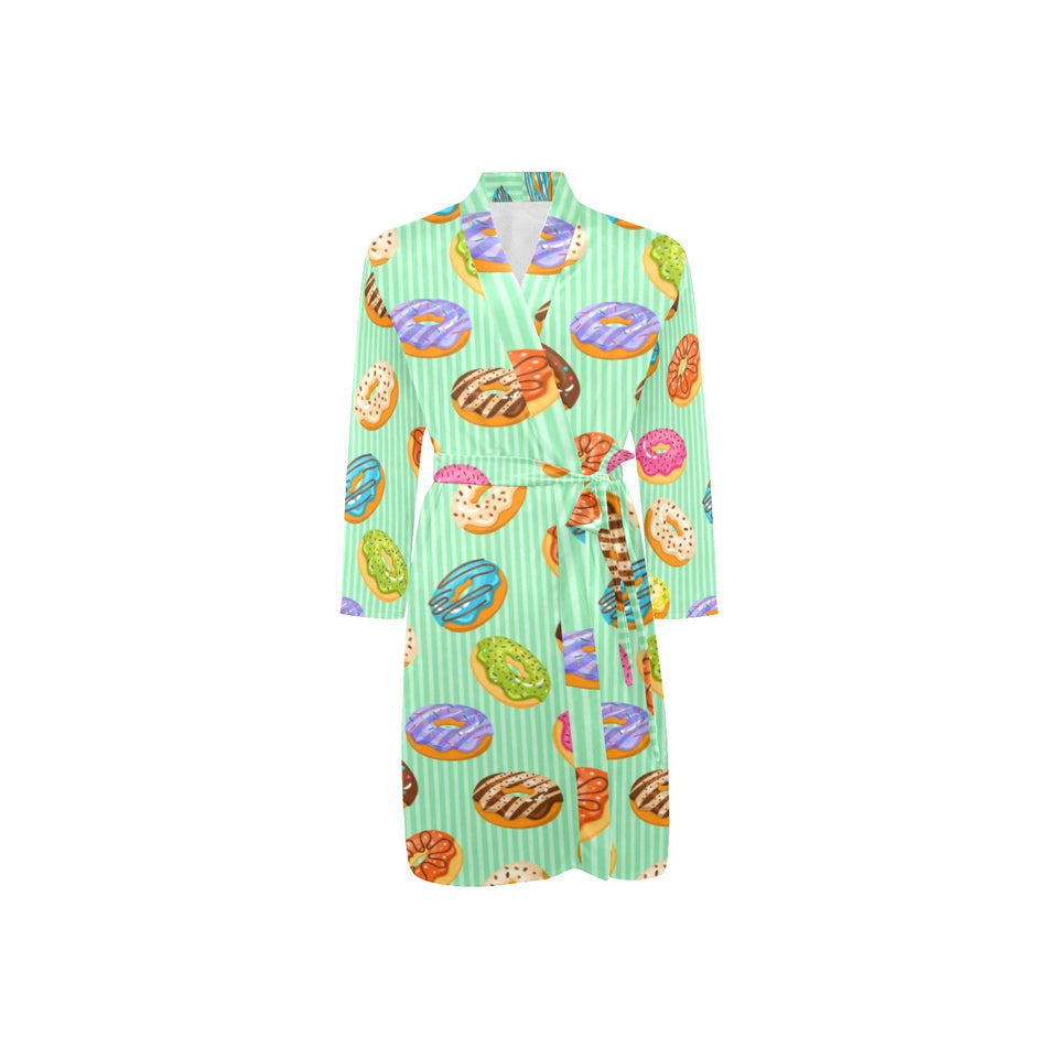 Colorful donut pattern green background Men's Long Sleeve Belted Night Robe