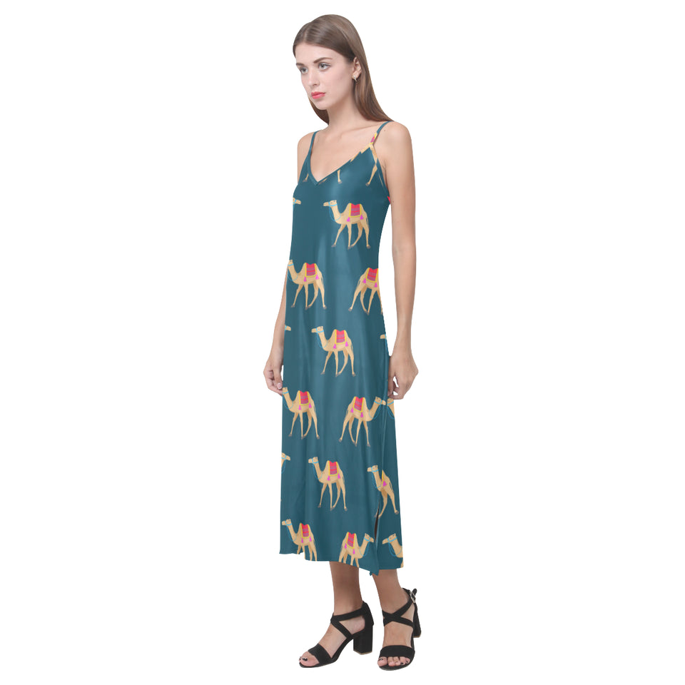 Camel pattern blue blackground V-Neck Open Fork Long Dress