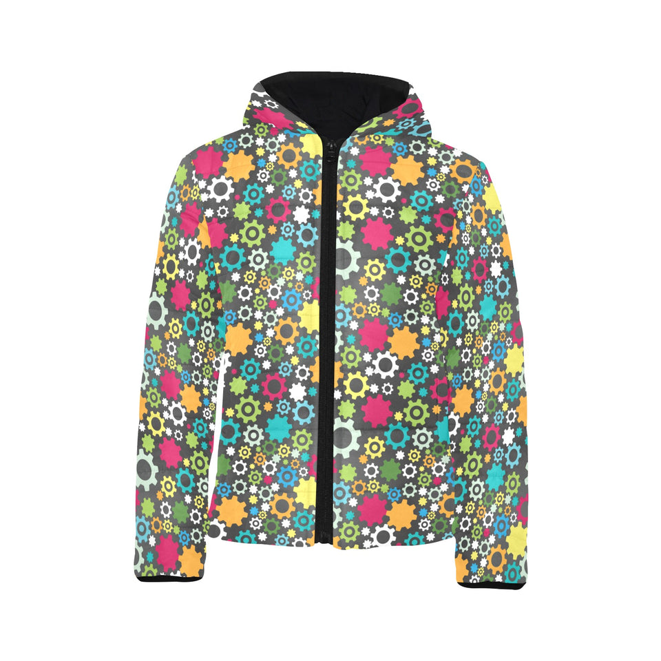 Gear Pattern Print Design 03 Kids' Boys' Girls' Padded Hooded Jacket