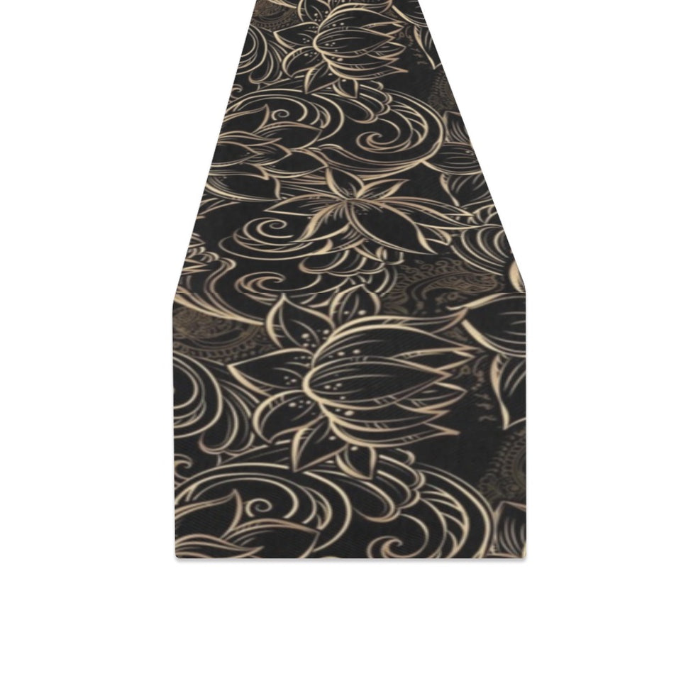 luxurious gold lotus waterlily black background Table Runner