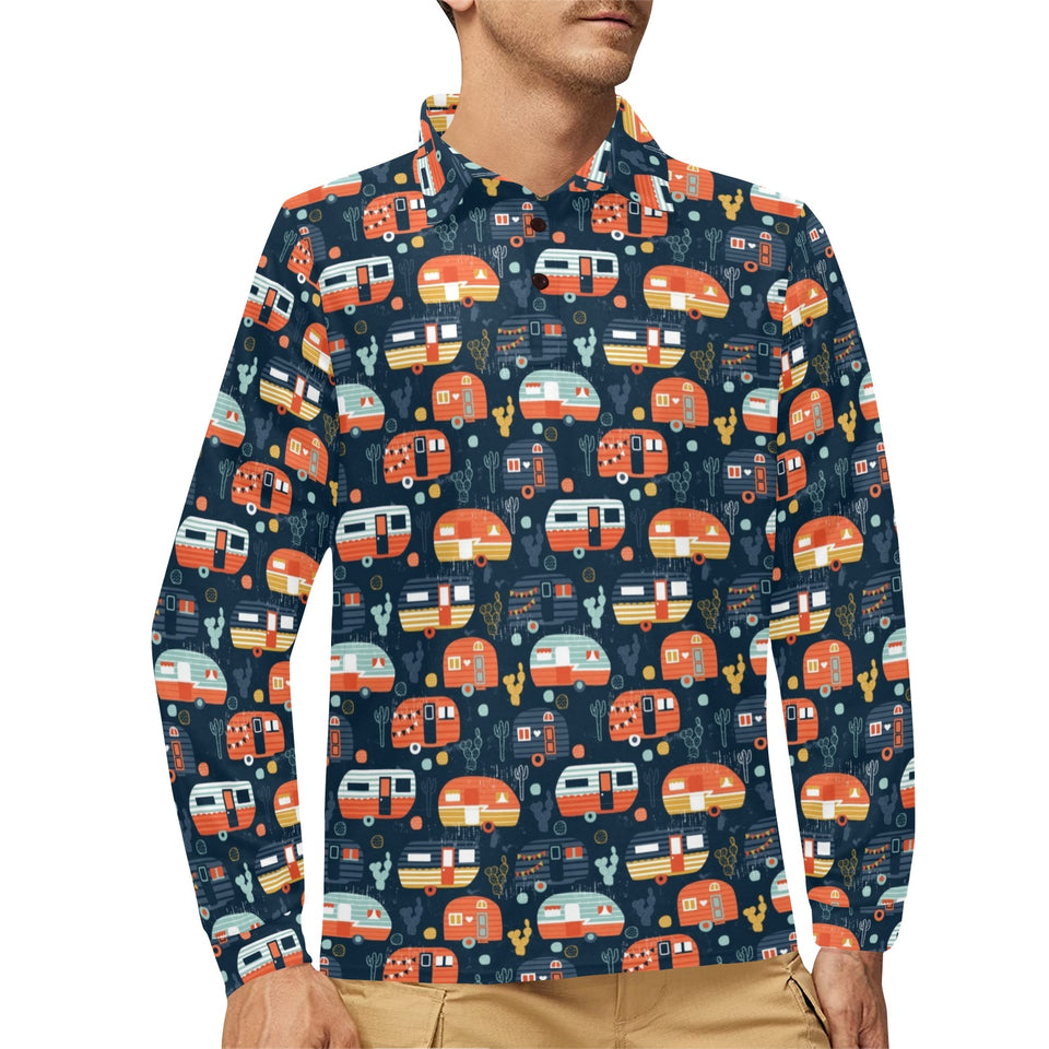 Camper Van Pattern Print Design 05 Men's Long Sleeve Polo Shirt