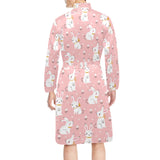 Cute white rabbit flower pink background Men's Long Sleeve Belted Night Robe
