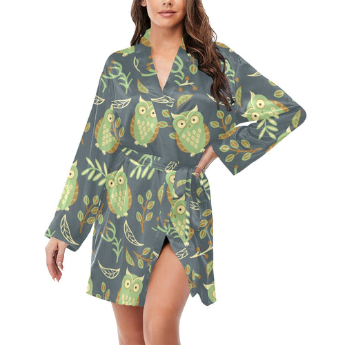 Cute owls leaves pattern Women's Long Sleeve Belted Night Robe
