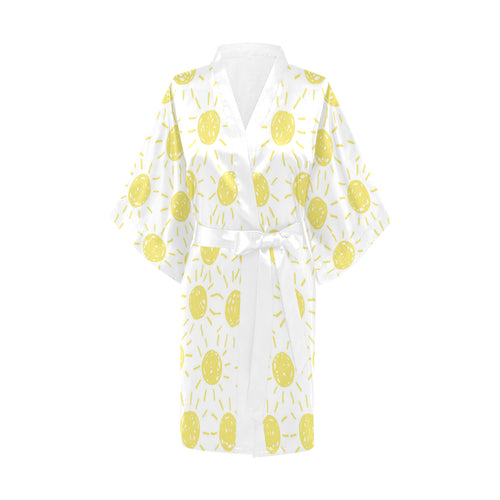 hand drawn sun pattern Women's Short Kimono Robe