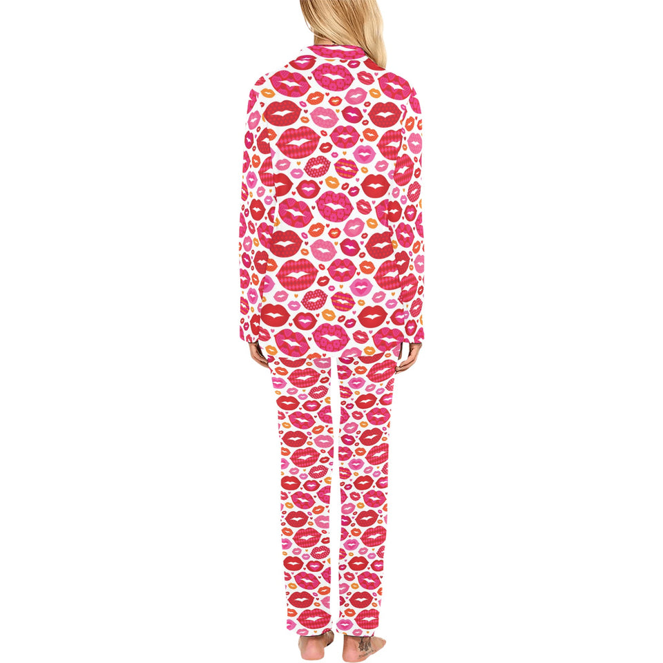 Lips Pattern Print Design 01 Women's Long Pajama Set