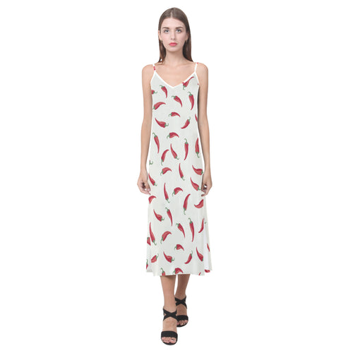 Chili peppers pattern V-Neck Open Fork Long Dress