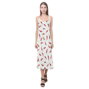 Chili peppers pattern V-Neck Open Fork Long Dress