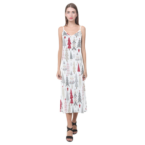 Cute Christmas tree pattern V-Neck Open Fork Long Dress
