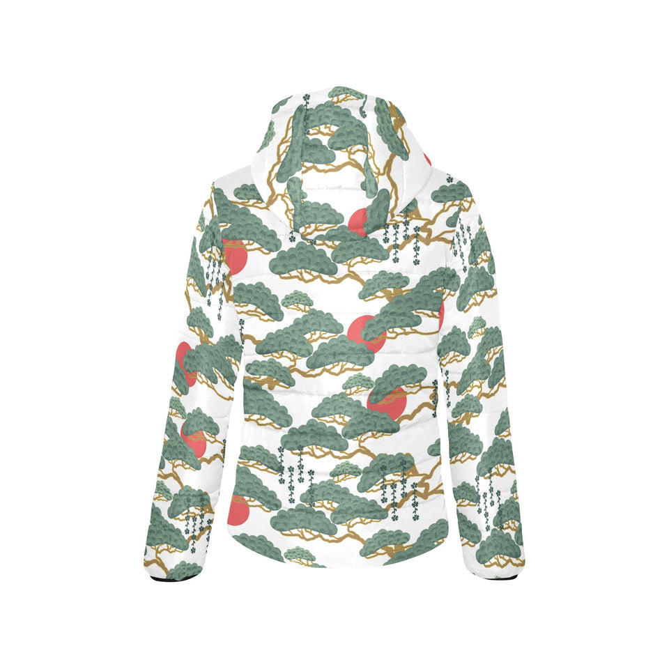Bonsai red sun japanese pattern Women's Padded Hooded Jacket