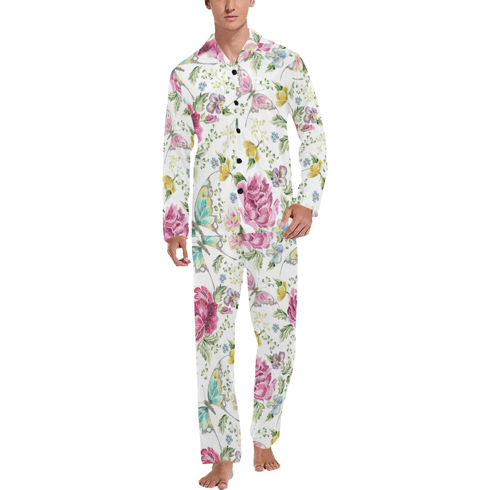 Hand drawn butterfly rose Men's Long Pajama Set