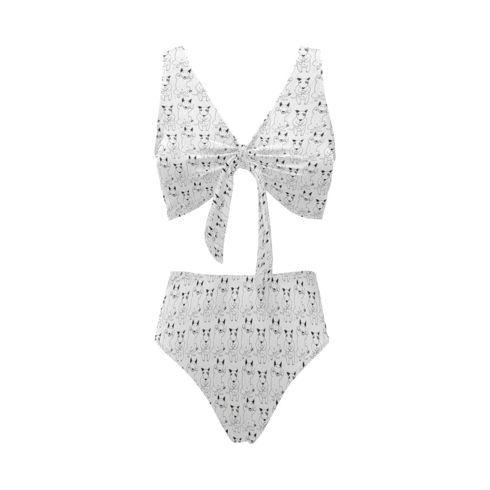 Bull Terrier Pattern Print Design 02 Chest Bowknot High Waisted Bikini Swimsuit