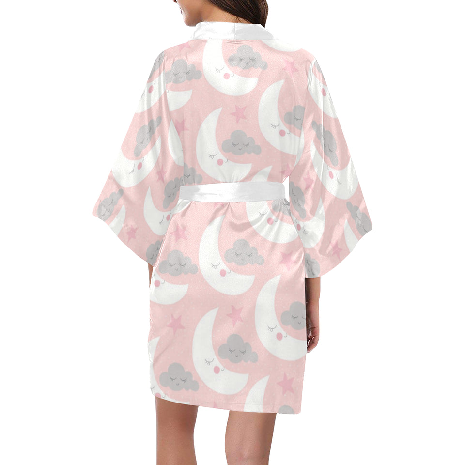 Cute moon cloud star pattern pink dot background Women's Short Kimono Robe