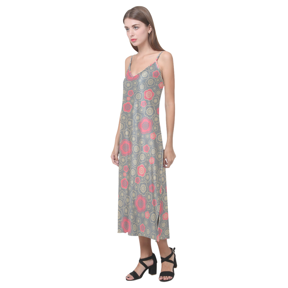 Red gold Sakura cherry blossom gray background V-Neck Open Fork Long Dress