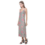 Red gold Sakura cherry blossom gray background V-Neck Open Fork Long Dress