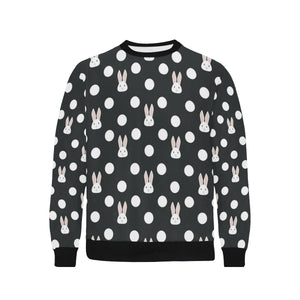 Cute white rabbit polka dots black background Men's Crew Neck Sweatshirt