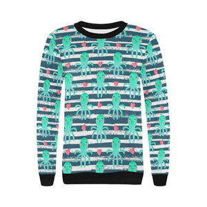 Cute octopuses heart striped background Women's Crew Neck Sweatshirt