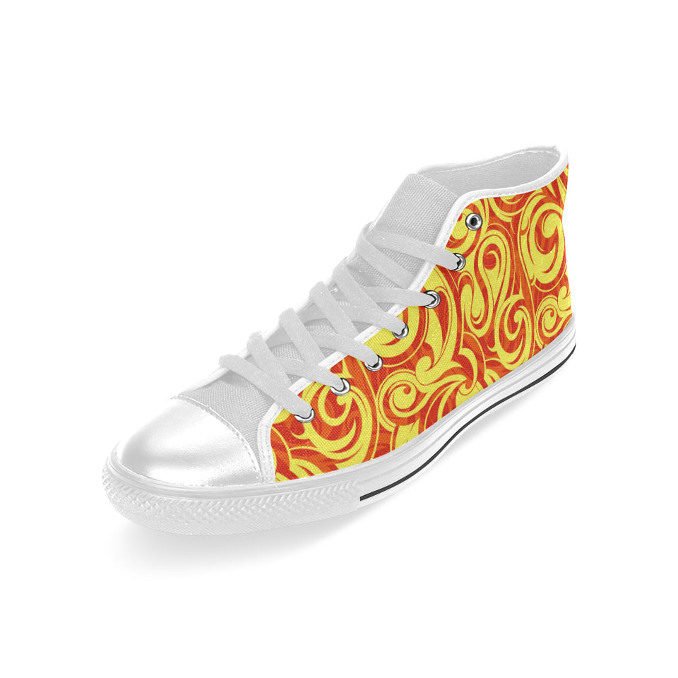 Fire flame design pattern Men's High Top Canvas Shoes White