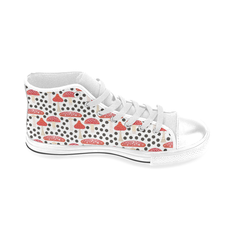 Red mushroom dot pattern Men's High Top Canvas Shoes White