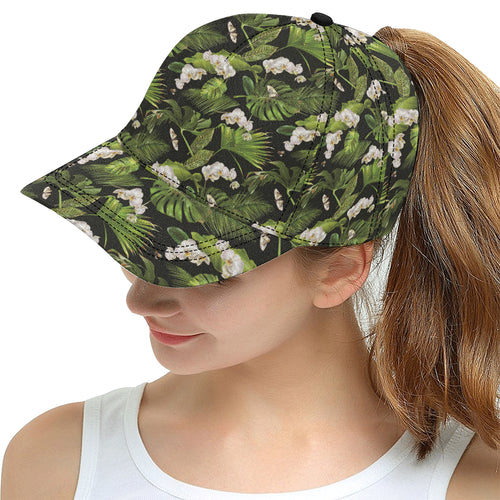 White orchid flower tropical leaves pattern blackg All Over Print Snapback Cap