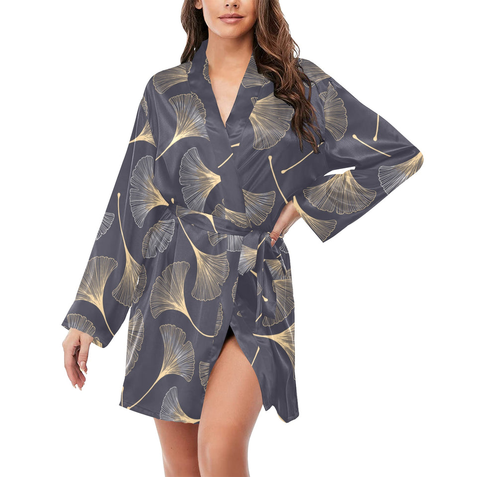 Gold ginkgo leaves Women's Long Sleeve Belted Night Robe