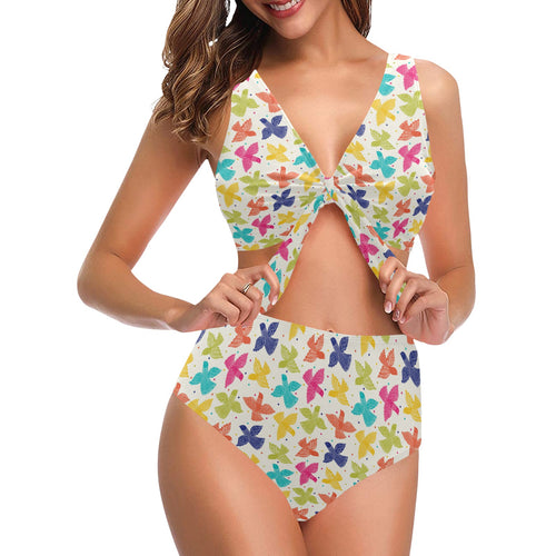 Pigeon Pattern Print Design 01 Chest Bowknot High Waisted Bikini Swimsuit