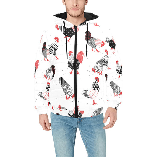 Cool rooster chicken cock floral ornament backgrou Men's Padded Hooded Jacket