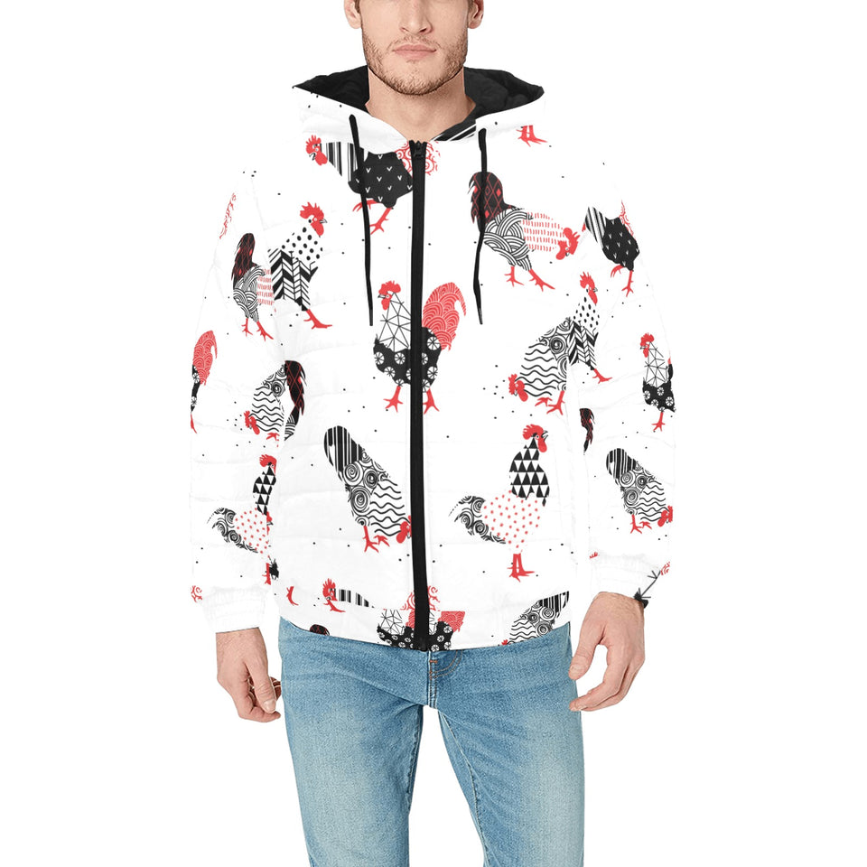 Cool rooster chicken cock floral ornament backgrou Men's Padded Hooded Jacket
