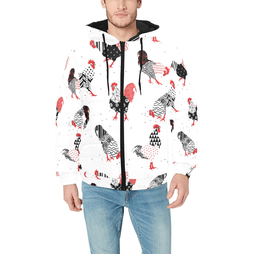 Cool rooster chicken cock floral ornament backgrou Men's Padded Hooded Jacket