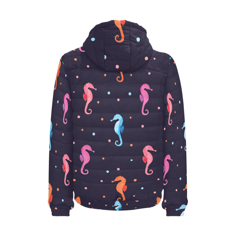 Watercolor colorful seahorse pattern Men's Padded Hooded Jacket