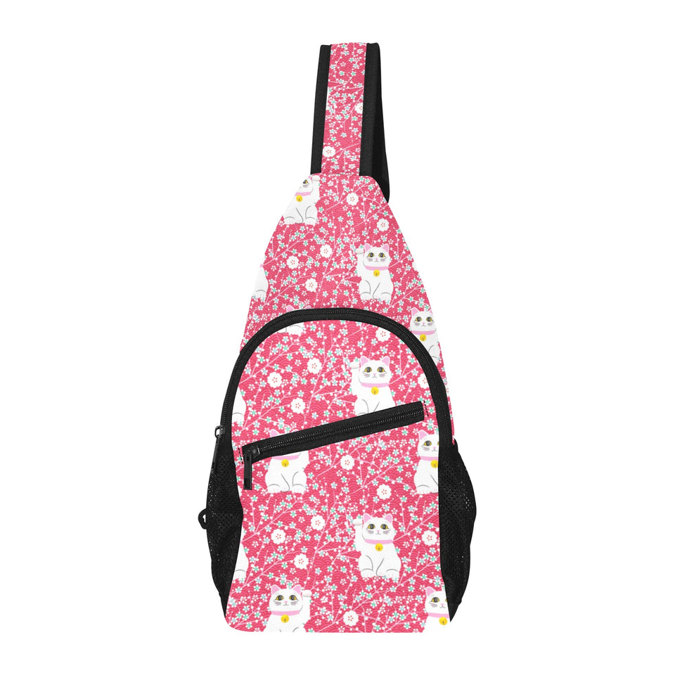 Maneki neko cat sakura pink background All Over Print Chest Bag