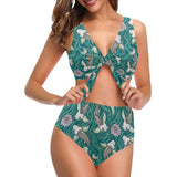Koi Fish Carp Fish lotus pattern Chest Bowknot High Waisted Bikini Swimsuit
