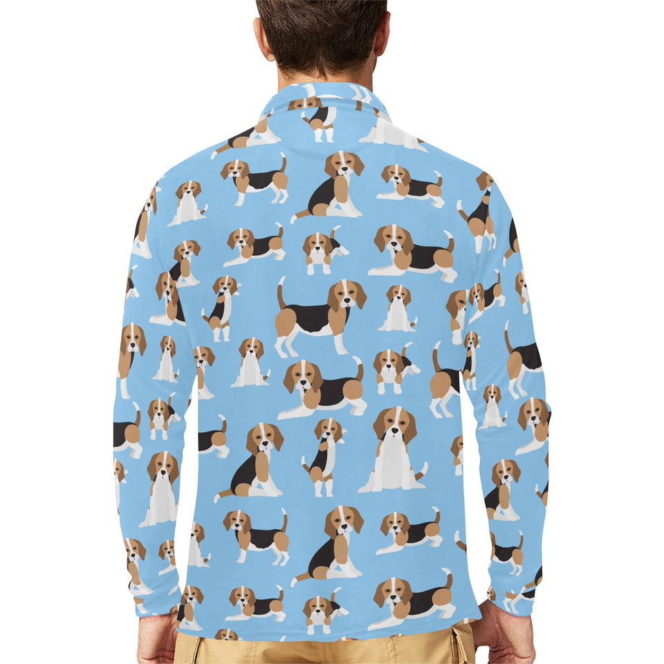 Beagle dog blue background pattern Men's Long Sleeve Polo Shirt