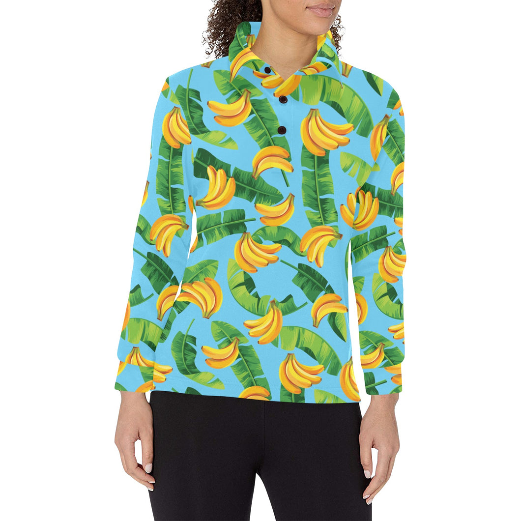 banana leaves banana design pattern Women's Long Sleeve Polo Shirt