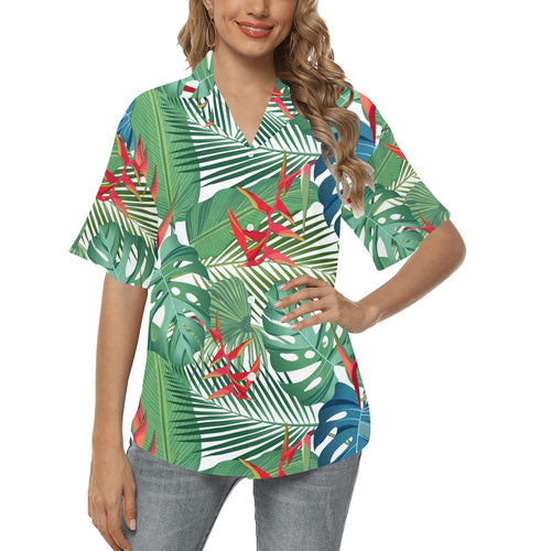 heliconia palm and monstera  leaves pattern Women's All Over Print Hawaiian Shirt