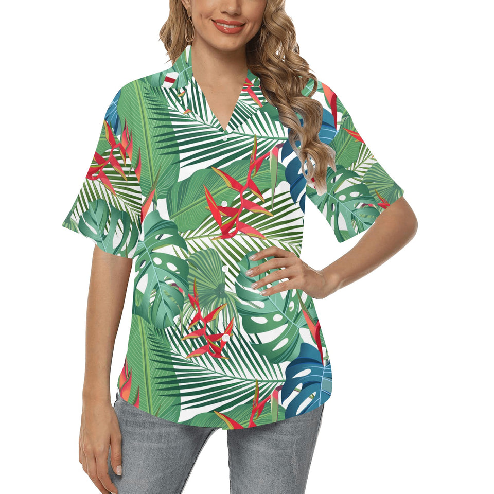 heliconia palm and monstera  leaves pattern Women's All Over Print Hawaiian Shirt
