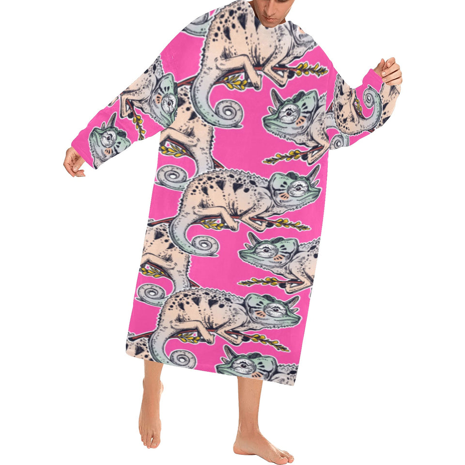 Chameleon lizard pattern pink background Blanket Robe with Sleeves