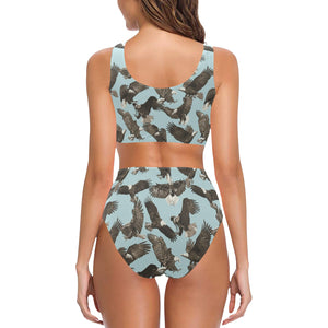 Eagle Pattern Print Design 01 Chest Bowknot High Waisted Bikini Swimsuit