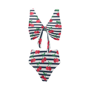 Hand drawn cherry pattern striped background Chest Bowknot High Waisted Bikini Swimsuit