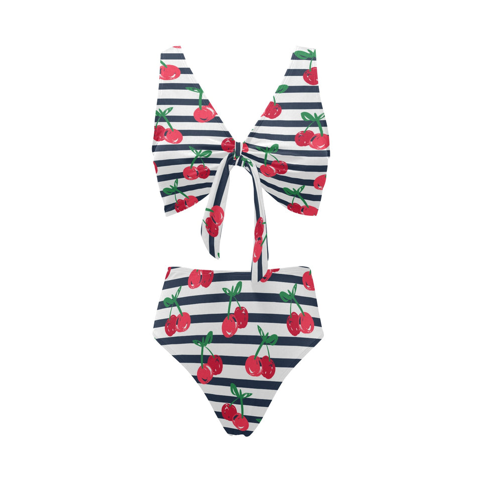 Hand drawn cherry pattern striped background Chest Bowknot High Waisted Bikini Swimsuit