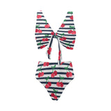 Hand drawn cherry pattern striped background Chest Bowknot High Waisted Bikini Swimsuit