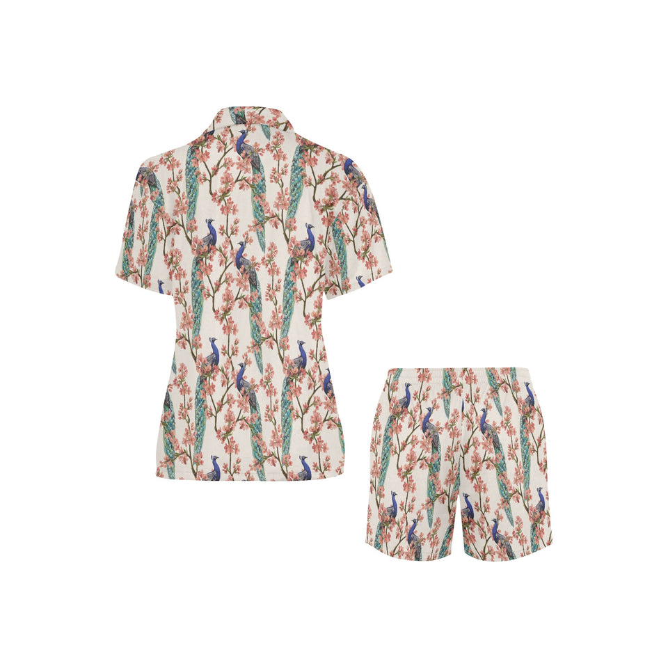 Peacock tropical flower pattern Women's V-Neck Short Pajama Set