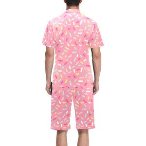 Pink donut glaze candy pattern Men's V-Neck Short Pajama Set