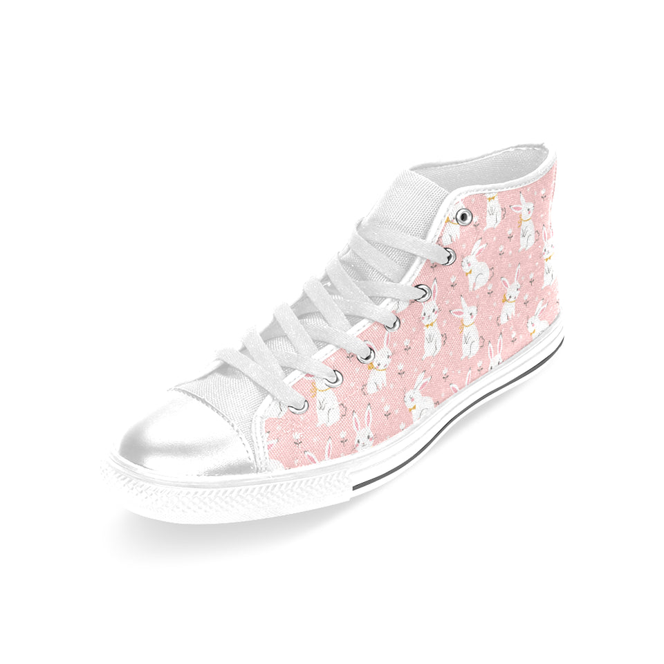 Cute white rabbit flower pink background Women's High Top Canvas Shoes White